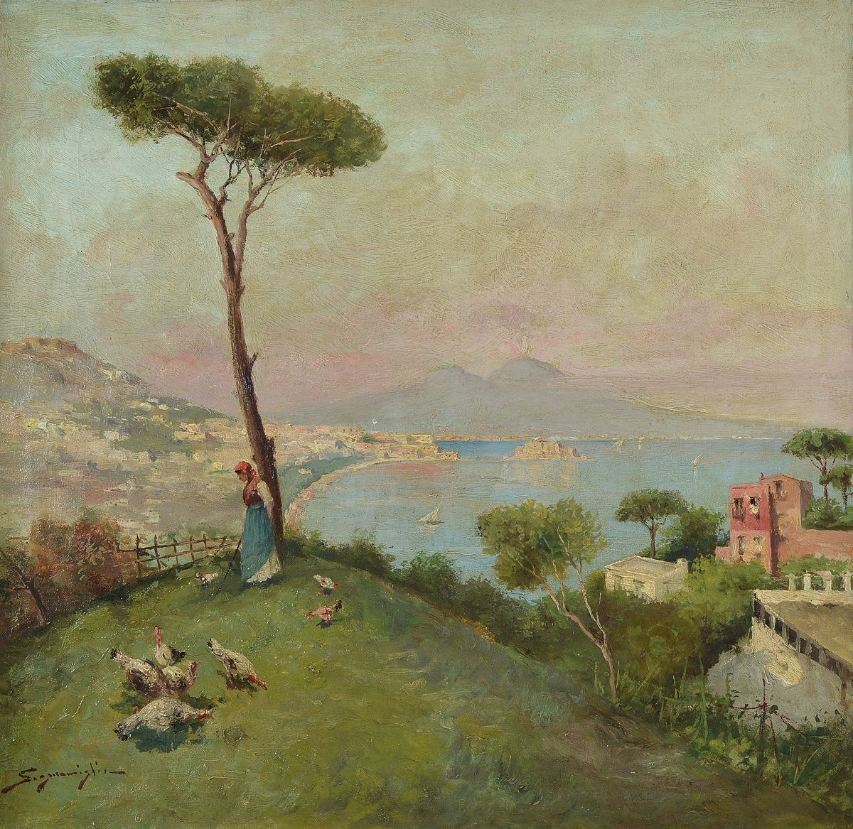 Edwardo Scognamiglio, ital. Maler, 19./20. Jh., hier: Bucht von Neapel mit Blick auf den Vesuv, im Vordergrund, Bäuerin mit Federvieh, Öl/Lwd, li. ...