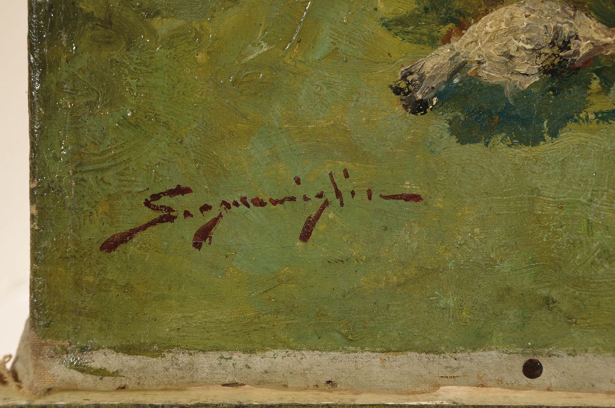 Detail a: Edwardo Scognamiglio, ital. Maler, 19./20. Jh., hier: Bucht von Neapel mit Blick auf den Vesuv, im Vordergrund, Bäuerin mit Federvieh, Öl/Lwd, li. ...