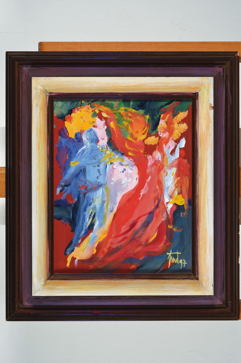 Detail k: Georg Günter Zeuner, 1923 Dresden -, 2011 Speyer, Bühnentanz, Acryl/Leinwand, signiert und dat. 1997, ca. 30 x 23 cm, Rahmen, 44 x 38 cm, verso ...
