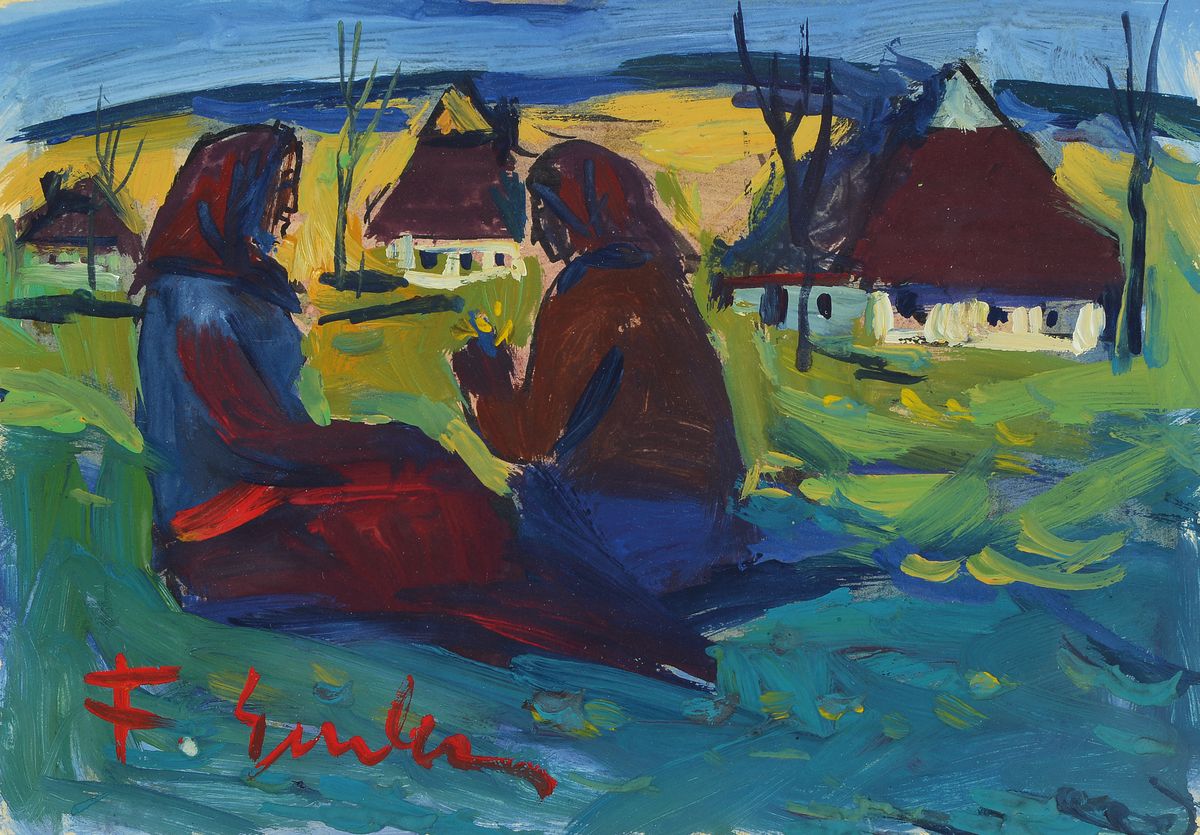 Frantisek Emler, 1912 Pschelautsch - 1992 Prag, Öl/Lwd, drei versch. Dorfansichten, Winterlandschaften mit Personen und zwei Frauen vor ...