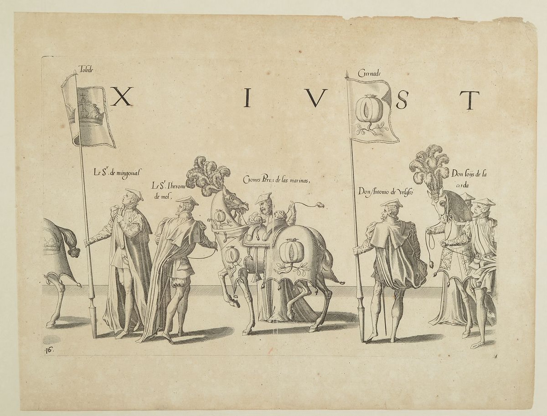 5 Kupferstiche, Spanien, um 1550, Darstellungen der Repräsentanten der verschiedenen spanischen Provinzen mit reich geschmückten Pferden, Tafeln ...
