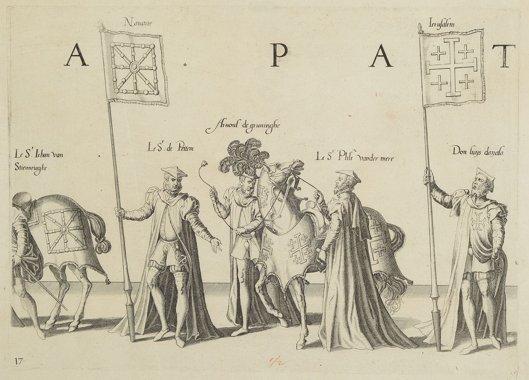 Detail a: 5 Kupferstiche, Spanien, um 1550, Darstellungen der Repräsentanten der verschiedenen spanischen Provinzen mit reich geschmückten Pferden, Tafeln ...