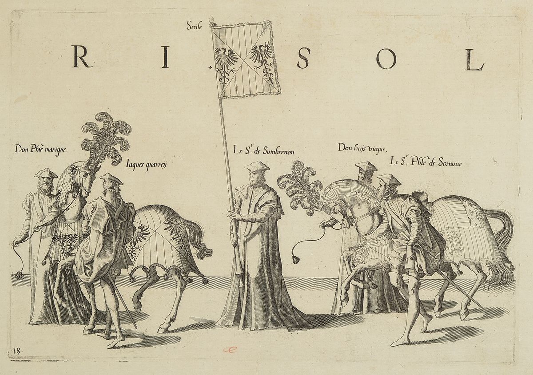 Detail b: 5 Kupferstiche, Spanien, um 1550, Darstellungen der Repräsentanten der verschiedenen spanischen Provinzen mit reich geschmückten Pferden, Tafeln ...