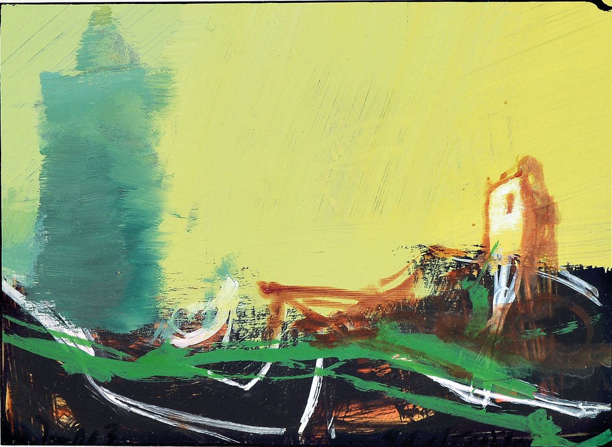 Detail a: Gerd Mackensen, 1949 Nordhausen, lebt in Sondershausen, hier sechs Acrylgemälde, betitelt: Kyffhäuser u. Weg aus dem Tal von 2004; Zwei Apfelbäume ...