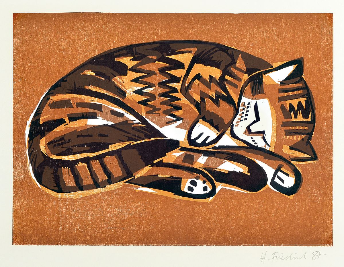 Detail a: Heinz Friedrich, 1924-2018 Schwetzingen, 2 Farbholzschnitte, 1 x Deutsches Tor Landau, von 1980, signiert, num. 34/100, ca. 40x50cm; Katze, von 1987, ...