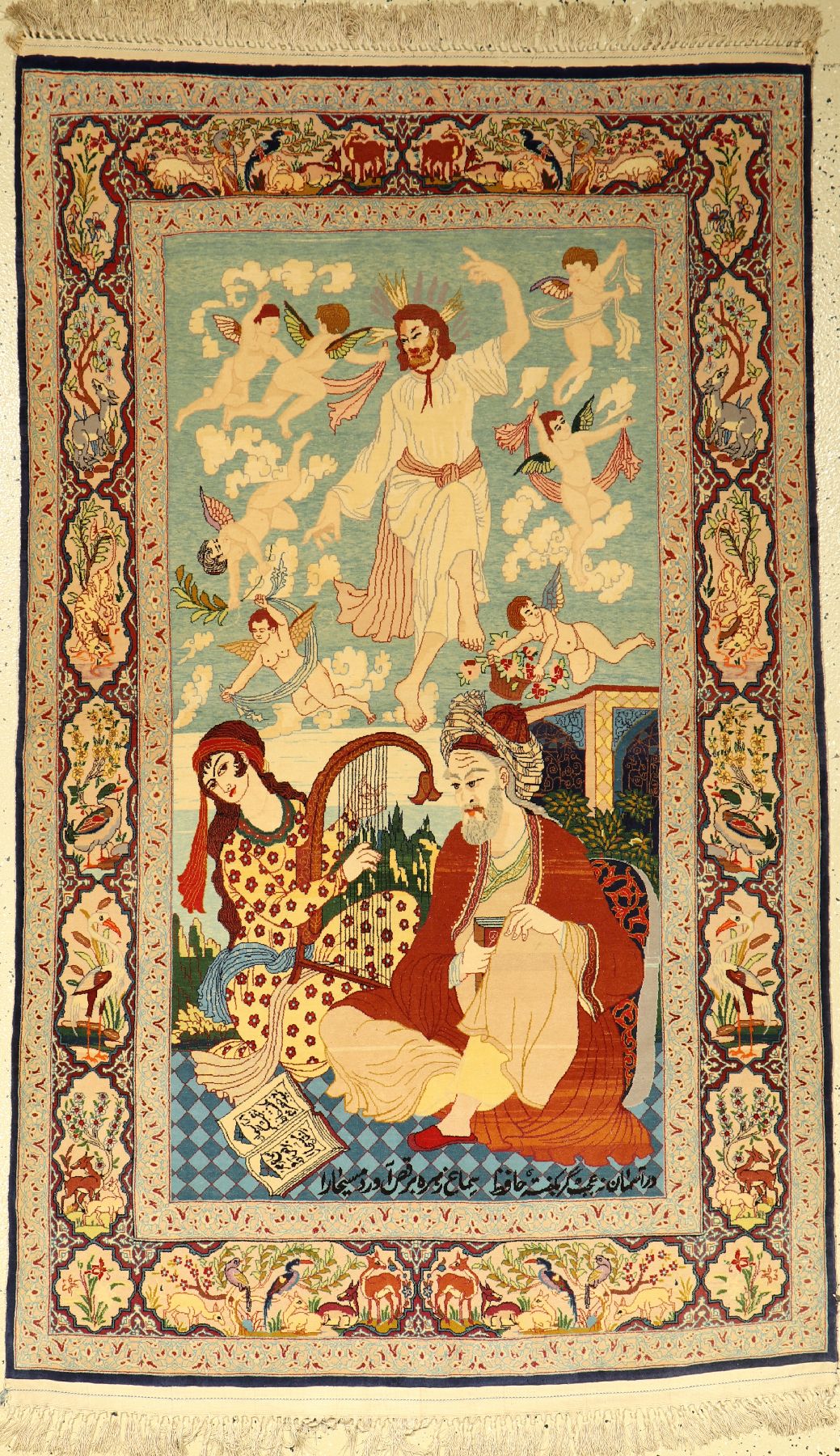 Seltener feiner Esfahan "Bildteppich" (Hafiz mit Jesus), Persien, ca. 40 Jahre alt, Korkwolle mit und auf Seide, ca. 170 x 108 cm, EHZ: 2. ...