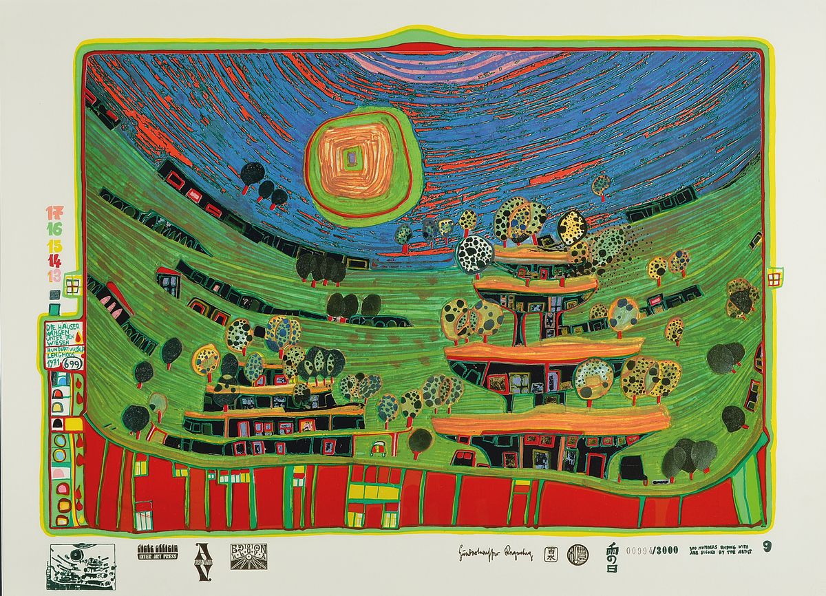 Friedensreich Hundertwasser, 1928-2000, Serigraphie mit farbigen Metallprägungen auf Schoeller Stern Papier, "Die Häuser hängen unter den ...