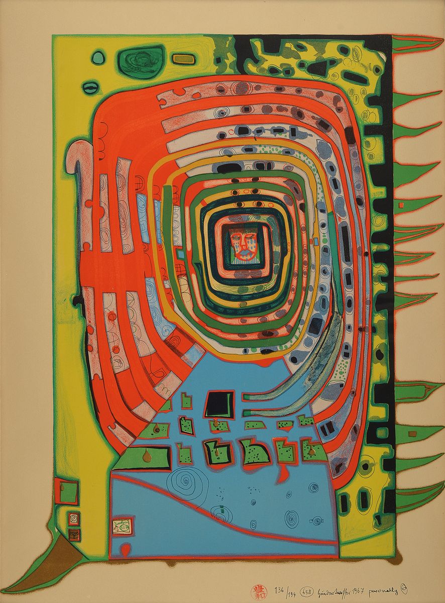 Friedensreich Hundertwasser, 1928-2000, Serigraphie mit japanischen Stempeln, handsigniert und dat.1967, selten kleine Auflage, num. 136/194, ...