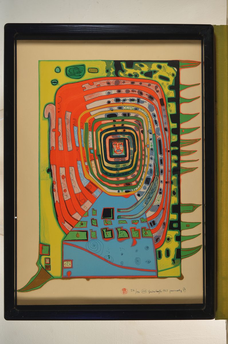 Detail k: Friedensreich Hundertwasser, 1928-2000, Serigraphie mit japanischen Stempeln, handsigniert und dat.1967, selten kleine Auflage, num. 136/194, ...