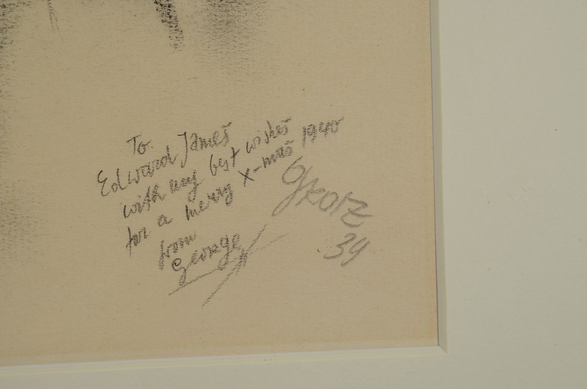 Detail a: George Grosz, 1893 - 1959, Kohlezeichnung auf chamoirfarbenen Bütten, re. unten handsigniert und dat. 1939, mit Widnumg: "To Edward James with ...