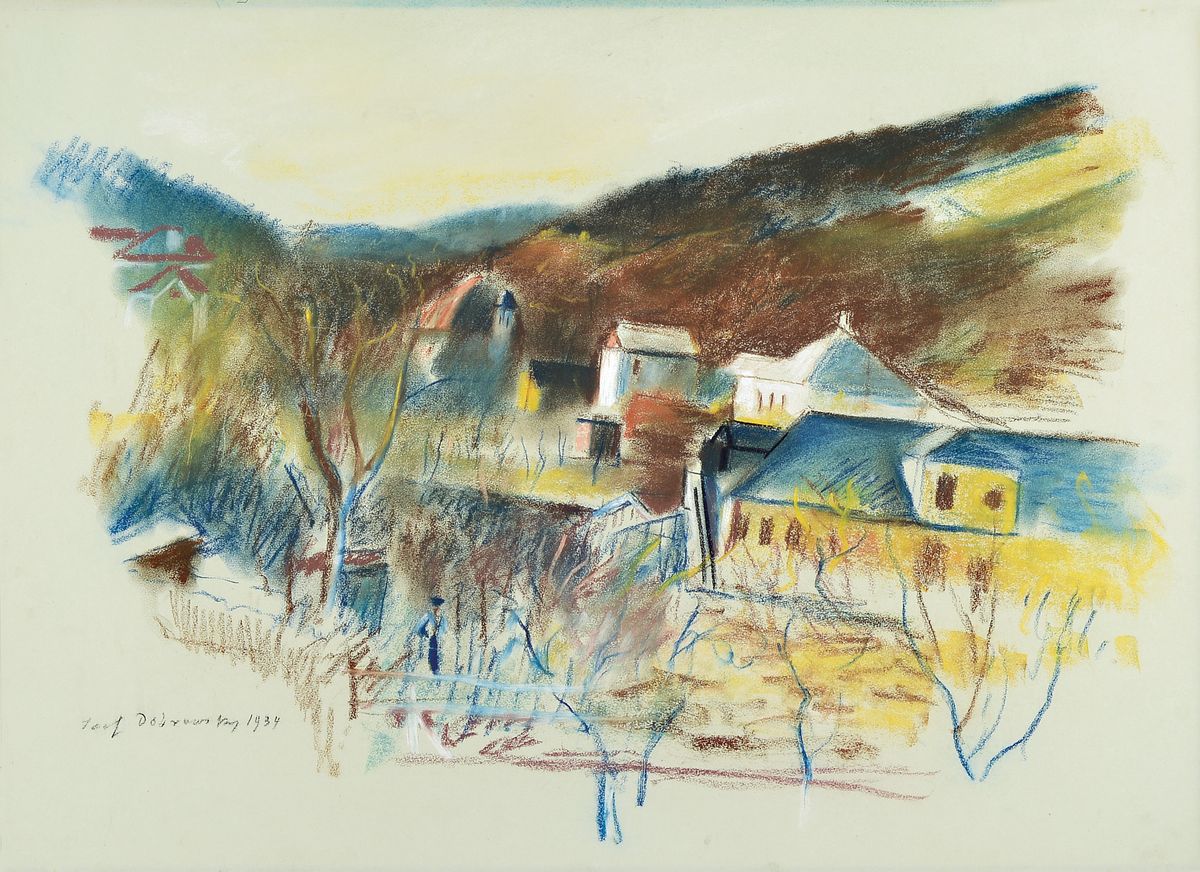 Josef Dobrowsky 1889 - 1964, Aquarell, Gouache und Pastell auf grünlichen Bütten auf Karton montiert, Stadtansicht, handsigniert und dat. 1934, ca. ...