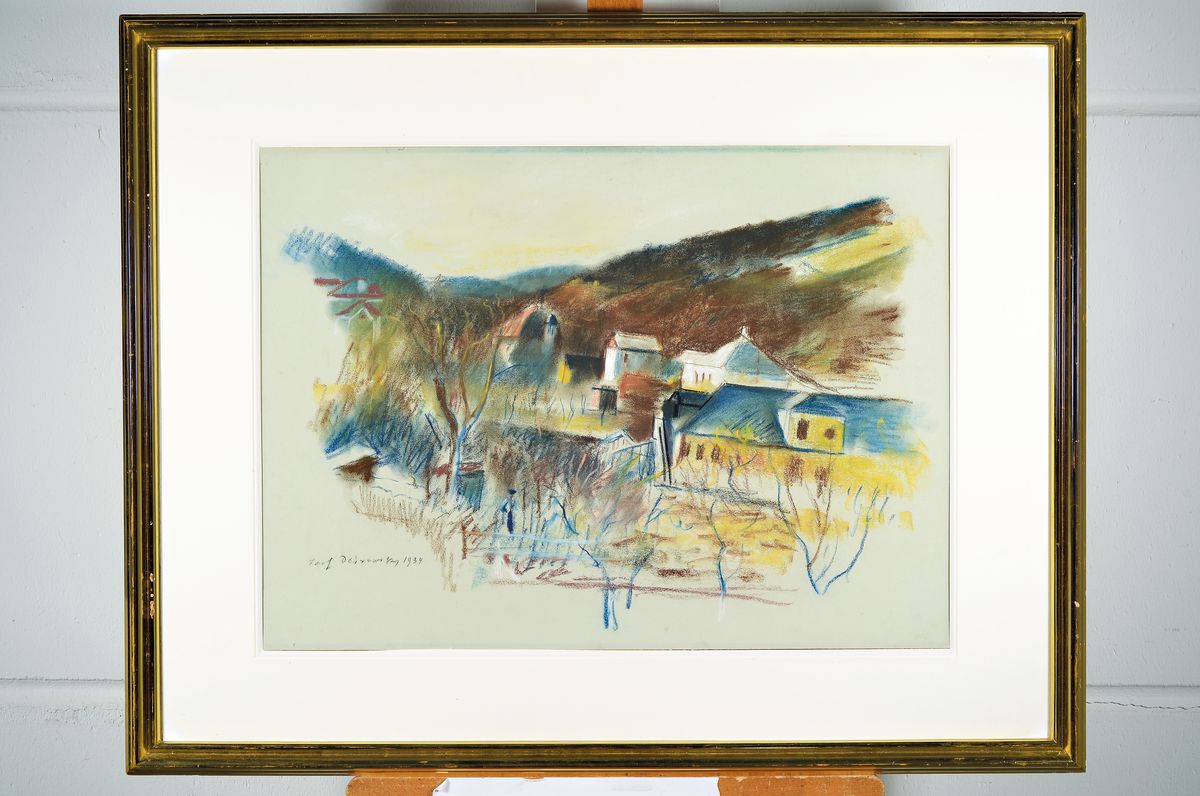 Detail k: Josef Dobrowsky 1889 - 1964, Aquarell, Gouache und Pastell auf grünlichen Bütten auf Karton montiert, Stadtansicht, handsigniert und dat. 1934, ca. ...