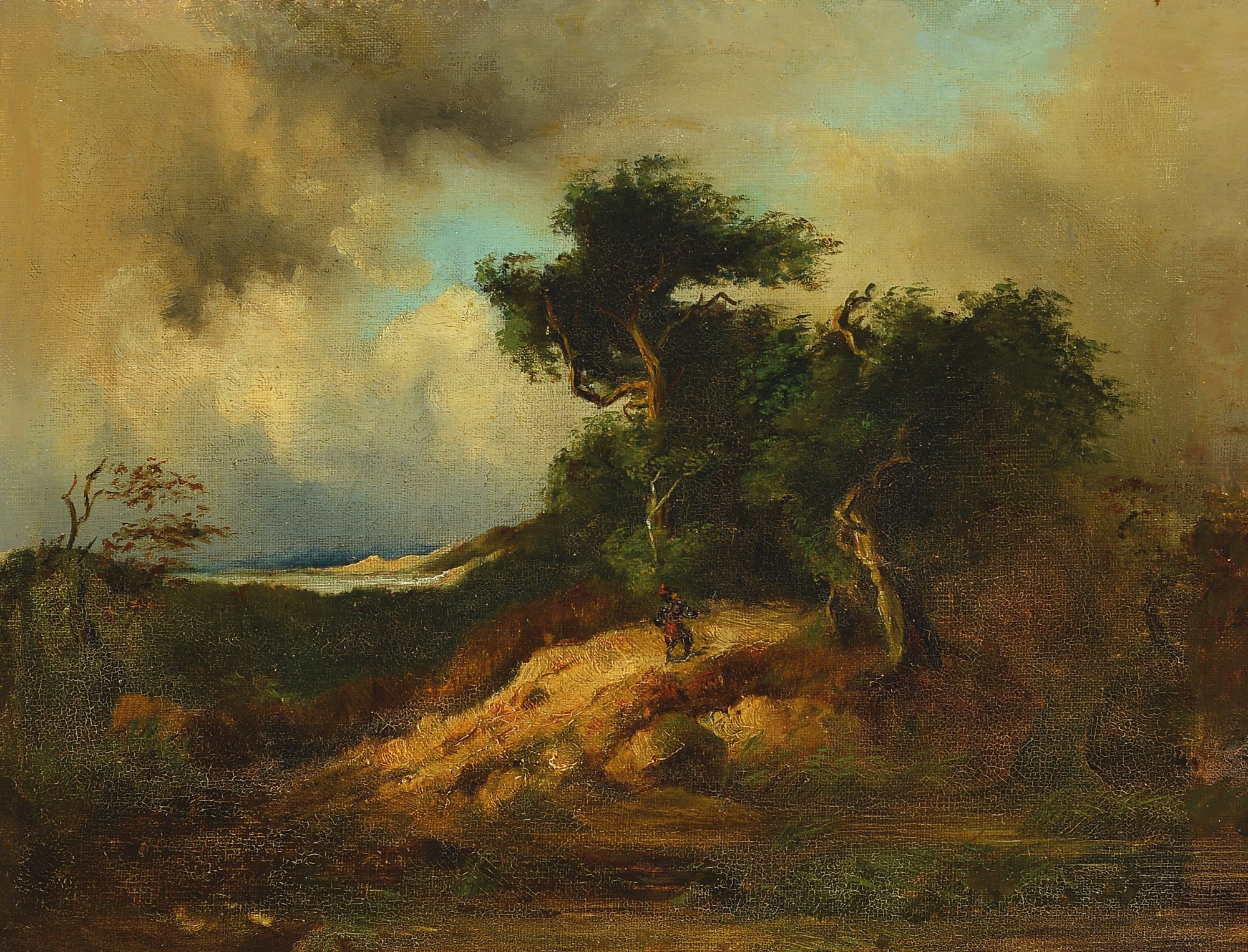 Romantiker der Düsseldorfer Schule, Mitte des 19. Jh., Bewaldete Uferlandschaft mit Person, Öl/Lwd, rest., unsigniert, ca. 28x37cm/ 38x47cm, R.