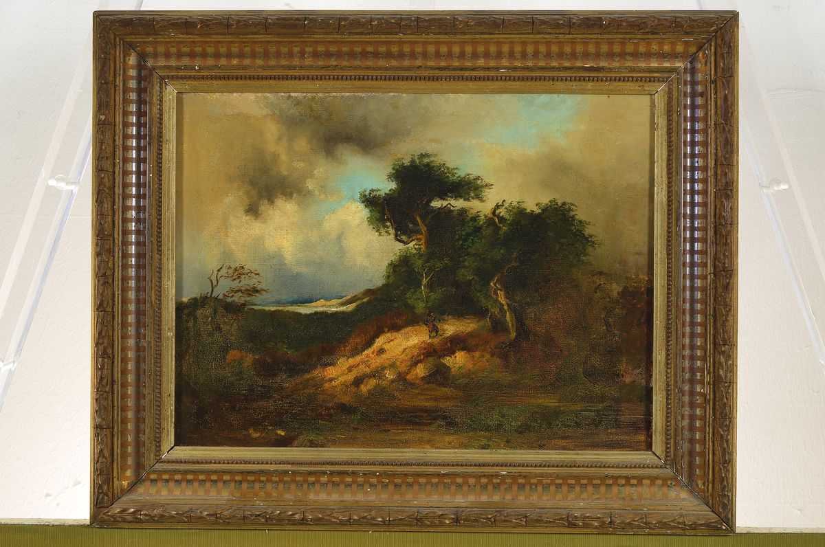 Detail k: Romantiker der Düsseldorfer Schule, Mitte des 19. Jh., Bewaldete Uferlandschaft mit Person, Öl/Lwd, rest., unsigniert, ca. 28x37cm/ 38x47cm, R.
