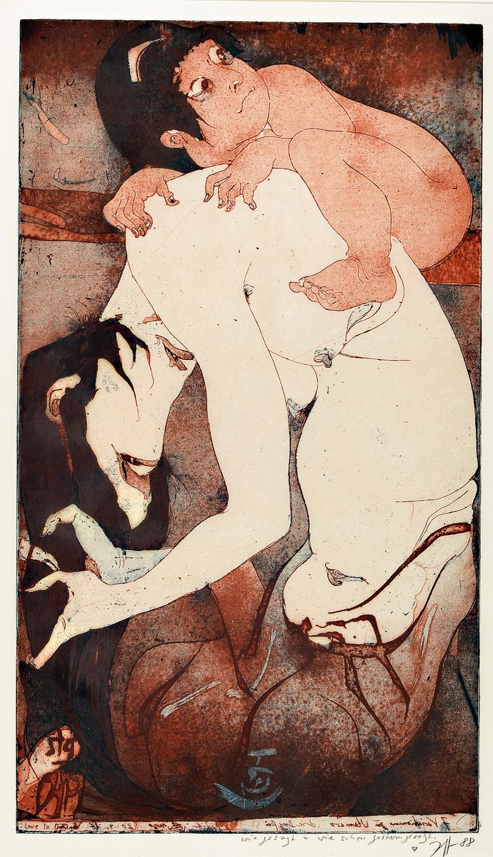 Horst Janssen, 1929-1995, Farbradierung auf Japanpapier, "Die Bergfrau Yamauba und das Riesenkind Kintaro", handsigniert, dat. 1988, ...