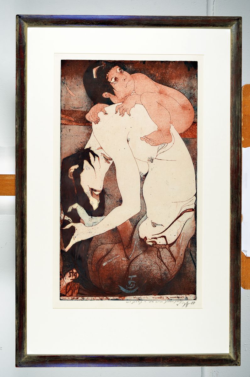 Detail k: Horst Janssen, 1929-1995, Farbradierung auf Japanpapier, "Die Bergfrau Yamauba und das Riesenkind Kintaro", handsigniert, dat. 1988, ...