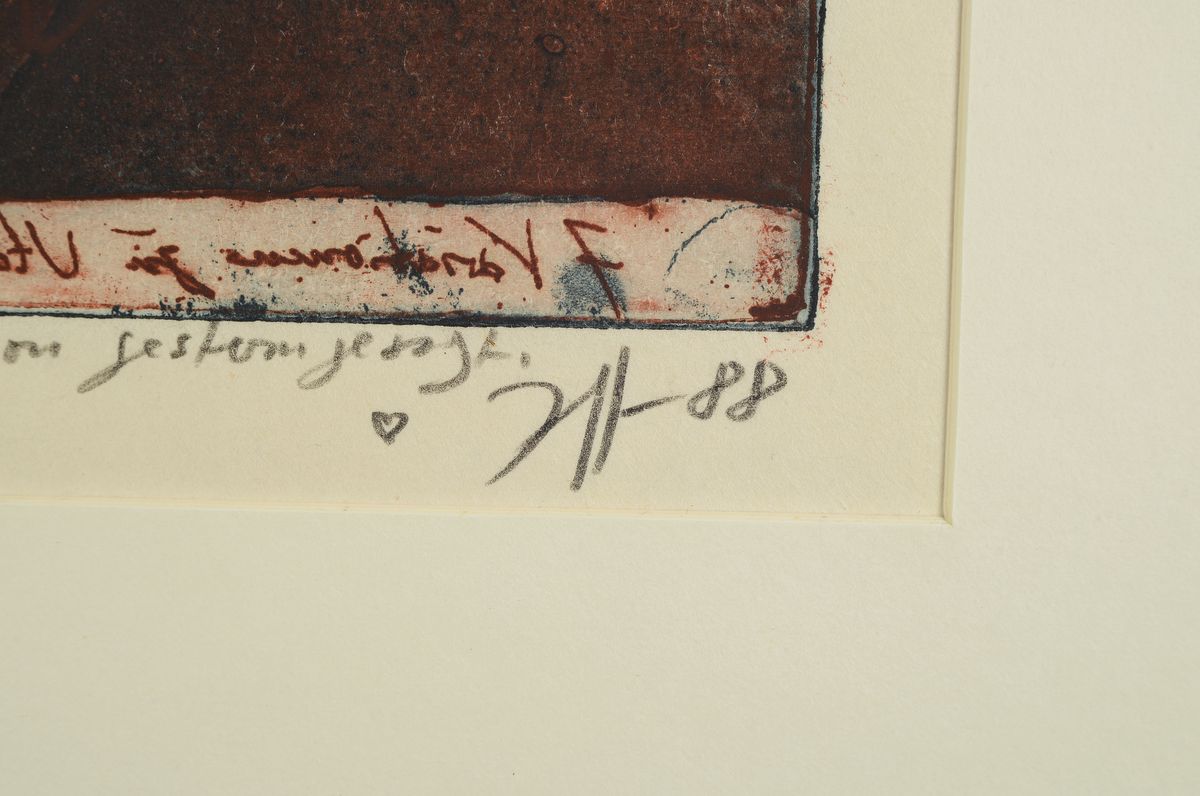 Detail l: Horst Janssen, 1929-1995, Farbradierung auf Japanpapier, "Die Bergfrau Yamauba und das Riesenkind Kintaro", handsigniert, dat. 1988, ...
