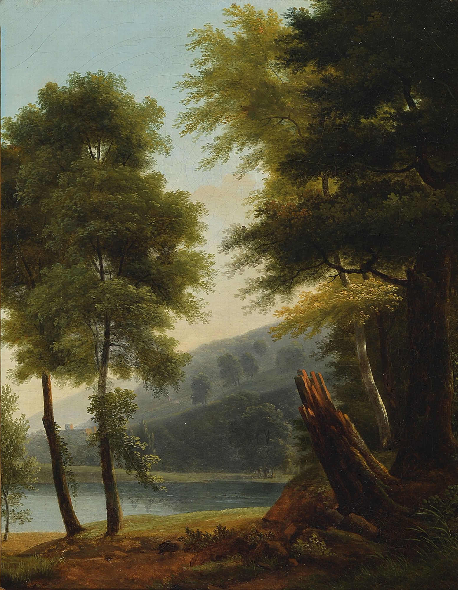 Spätromantischer Maler, deutsch, 19. Jh., Blick durch die Bäume auf einen Weiher und eine Ruine am gegenüber liegenden Ufer, Öl/Lwd, rest., ...