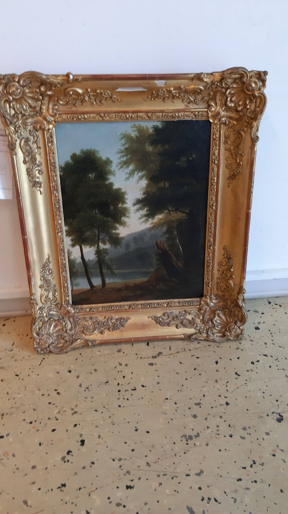 Detail c: Spätromantischer Maler, deutsch, 19. Jh., Blick durch die Bäume auf einen Weiher und eine Ruine am gegenüber liegenden Ufer, Öl/Lwd, rest., ...