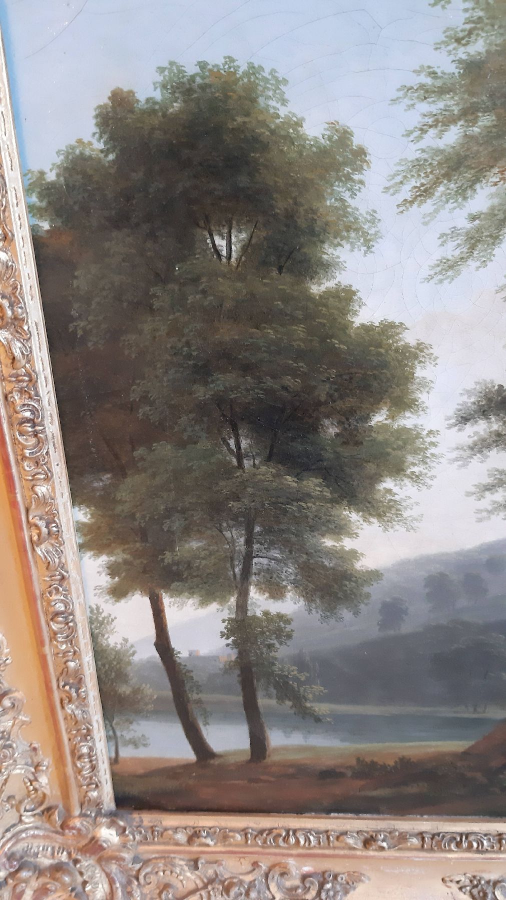 Detail d: Spätromantischer Maler, deutsch, 19. Jh., Blick durch die Bäume auf einen Weiher und eine Ruine am gegenüber liegenden Ufer, Öl/Lwd, rest., ...