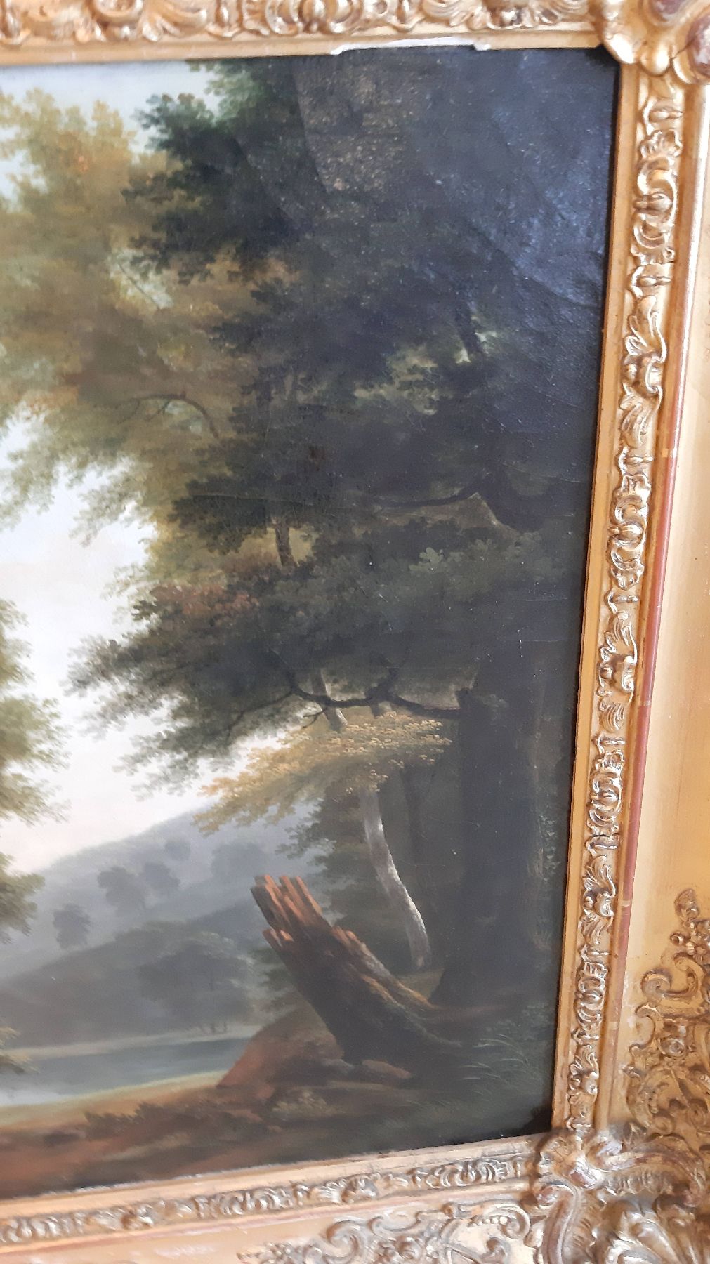 Detail e: Spätromantischer Maler, deutsch, 19. Jh., Blick durch die Bäume auf einen Weiher und eine Ruine am gegenüber liegenden Ufer, Öl/Lwd, rest., ...