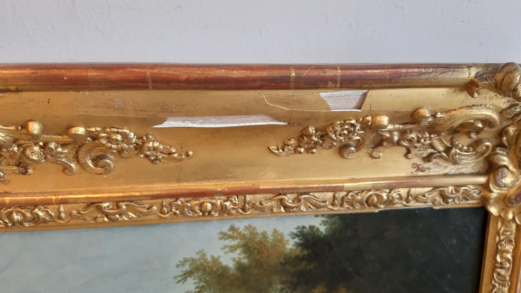 Detail f: Spätromantischer Maler, deutsch, 19. Jh., Blick durch die Bäume auf einen Weiher und eine Ruine am gegenüber liegenden Ufer, Öl/Lwd, rest., ...