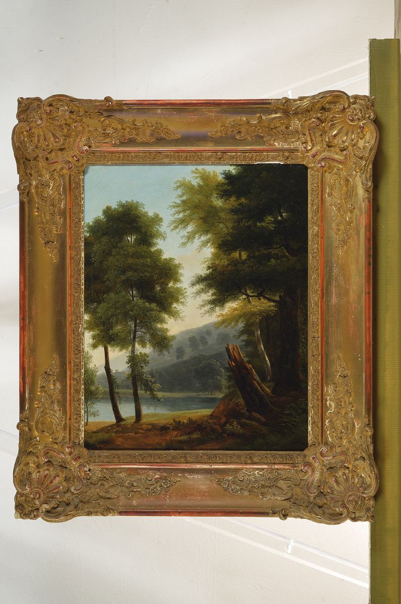 Detail k: Spätromantischer Maler, deutsch, 19. Jh., Blick durch die Bäume auf einen Weiher und eine Ruine am gegenüber liegenden Ufer, Öl/Lwd, rest., ...