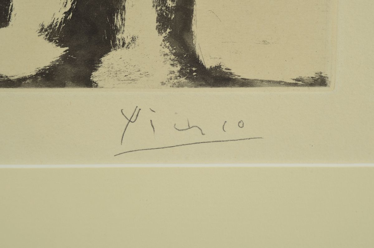 Detail a: Pablo Picasso,1881-1973, Kaltnadelradierung mit Aquatinta auf chamoirfarbenem Richard-de-Bas-Büttenpapier mit Wasserzeichen, handsigniert und num. ...