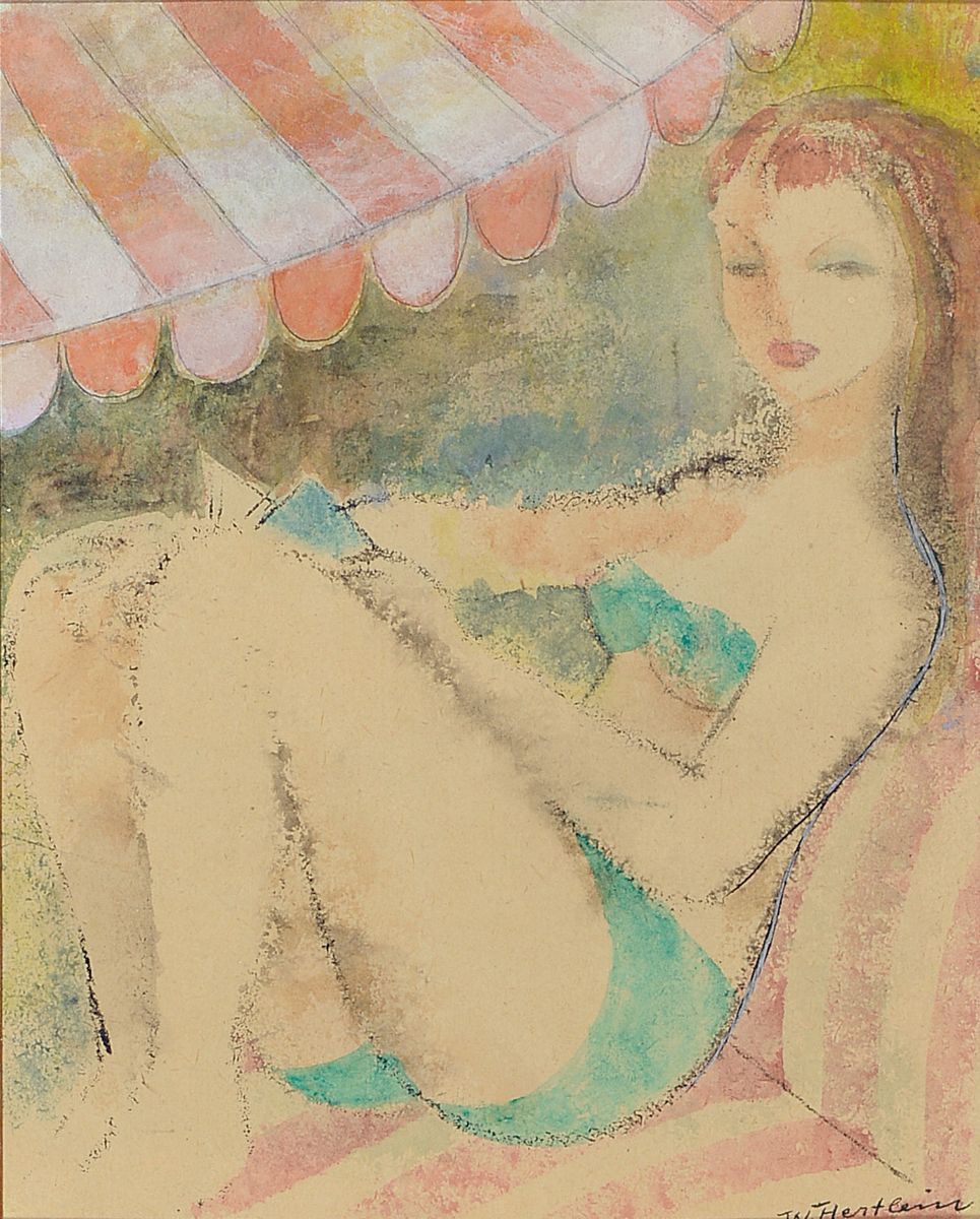 Willi Hertlein, 1908 - 1968, junge Frau beim Sonnenbad, Zeichnung/ Aquarell/Goache auf Papier, handsigniert, um 1930, Passepartout Ausschnitt ca. 22 ...