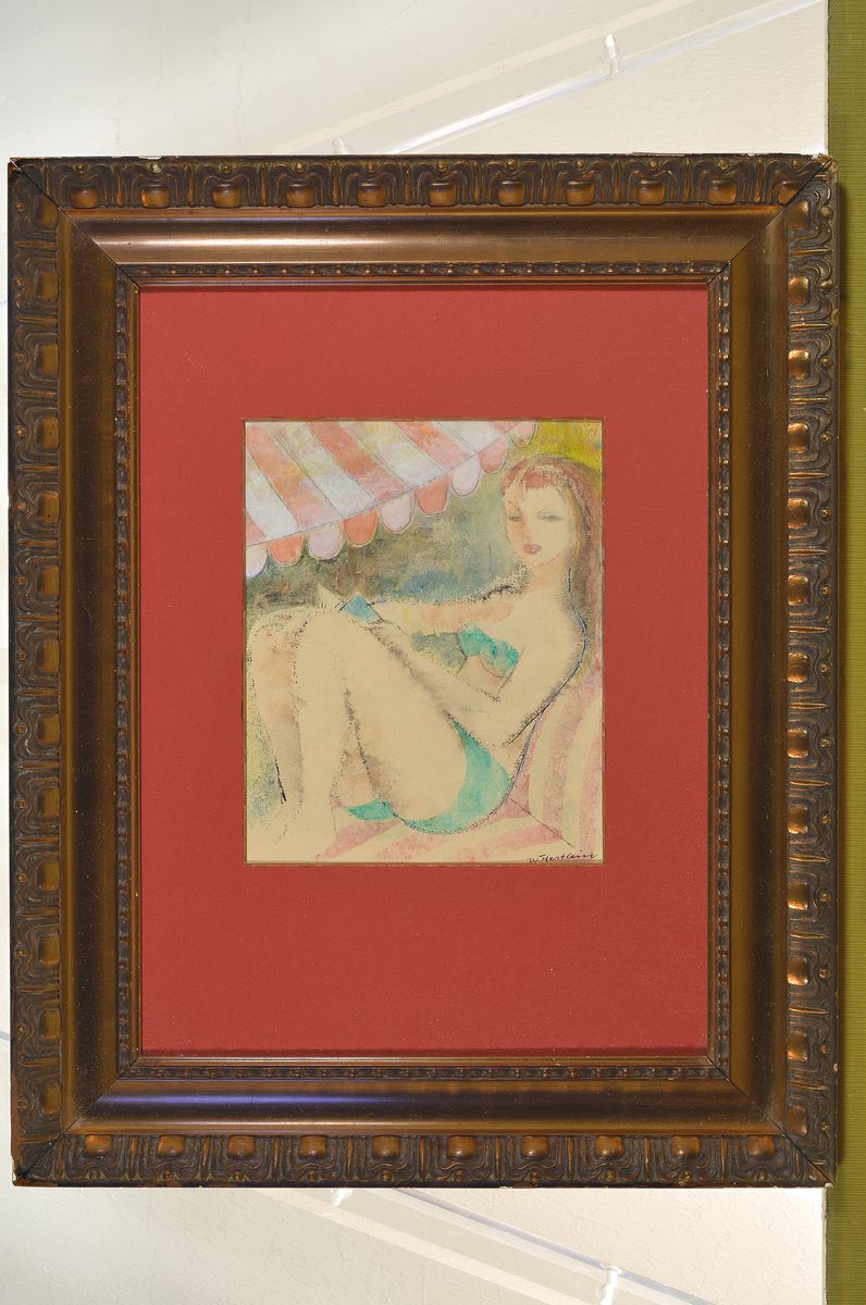Detail k: Willi Hertlein, 1908 - 1968, junge Frau beim Sonnenbad, Zeichnung/ Aquarell/Goache auf Papier, handsigniert, um 1930, Passepartout Ausschnitt ca. 22 ...