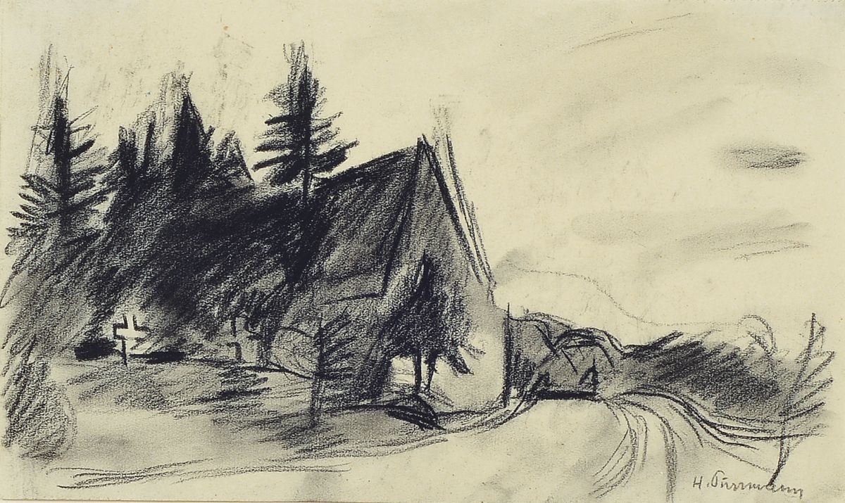 Hans Purrmann, 1880 - 1966, Landschaft mit Bauernhaus, Kohle auf Papier, re. u. handsigniert, ca. 13 x 22 cm, Rahmen,unter Glas, ca. 35 x 38 cm