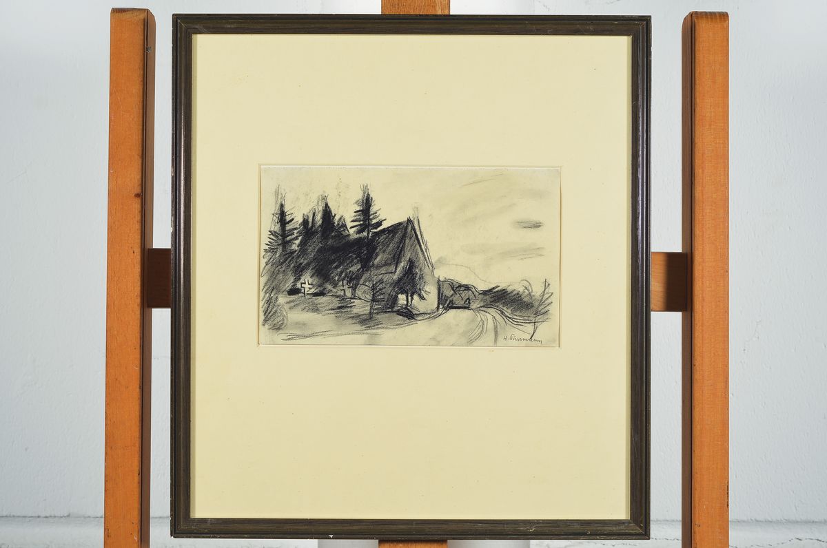 Detail k: Hans Purrmann, 1880 - 1966, Landschaft mit Bauernhaus, Kohle auf Papier, re. u. handsigniert, ca. 13 x 22 cm, Rahmen,unter Glas, ca. 35 x 38 cm