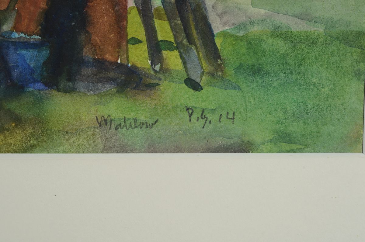 Detail a: Paul Grundwaldt, 1891 -1962, mahlow, Landschaft mit Heuwagen und Enten, Aquarell, re. u. signiert und dat. (19)14, unter Glas, Rahmen, PP., 23.8 x 33 ...