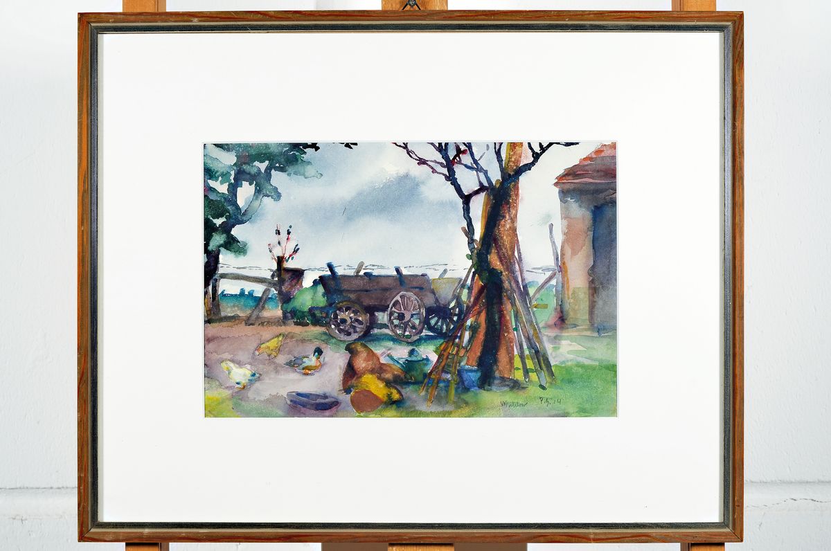 Detail k: Paul Grundwaldt, 1891 -1962, mahlow, Landschaft mit Heuwagen und Enten, Aquarell, re. u. signiert und dat. (19)14, unter Glas, Rahmen, PP., 23.8 x 33 ...