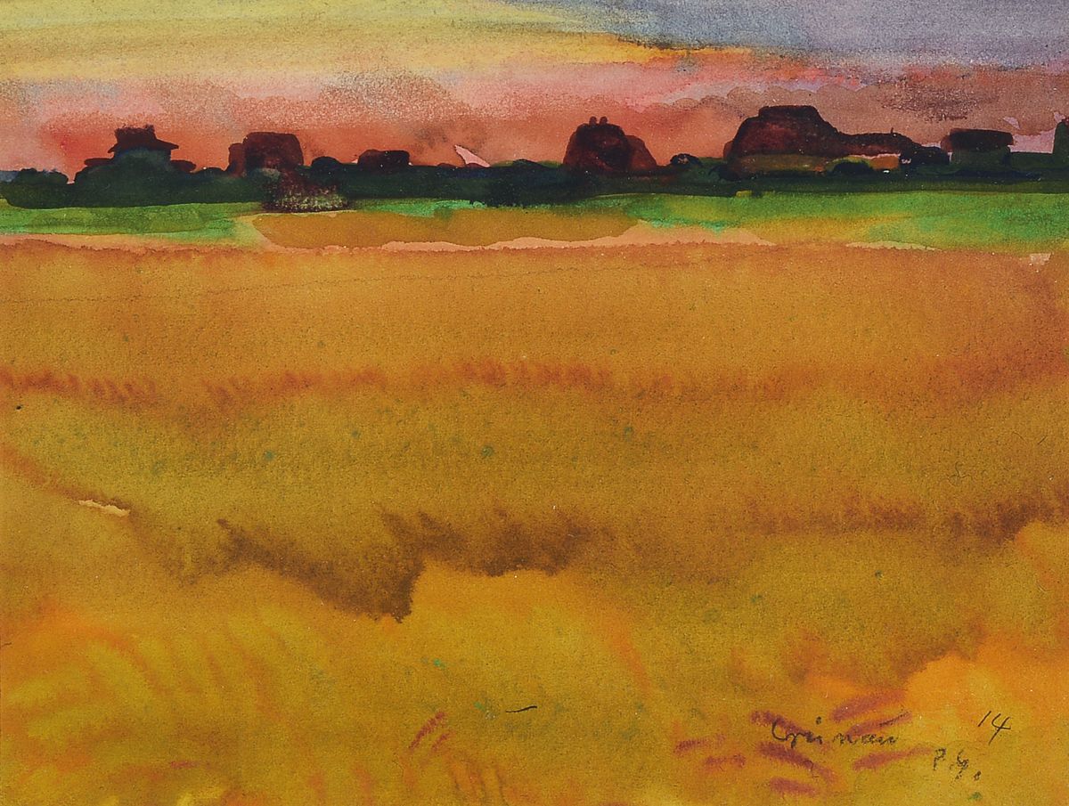 Paul Grunwaldt, 1891 - 1962, Landschaft mit Abendrot, Aquarell, signiert und (19)14, ca. 14.3 x 19 cm/ 31.5 x 43 cm