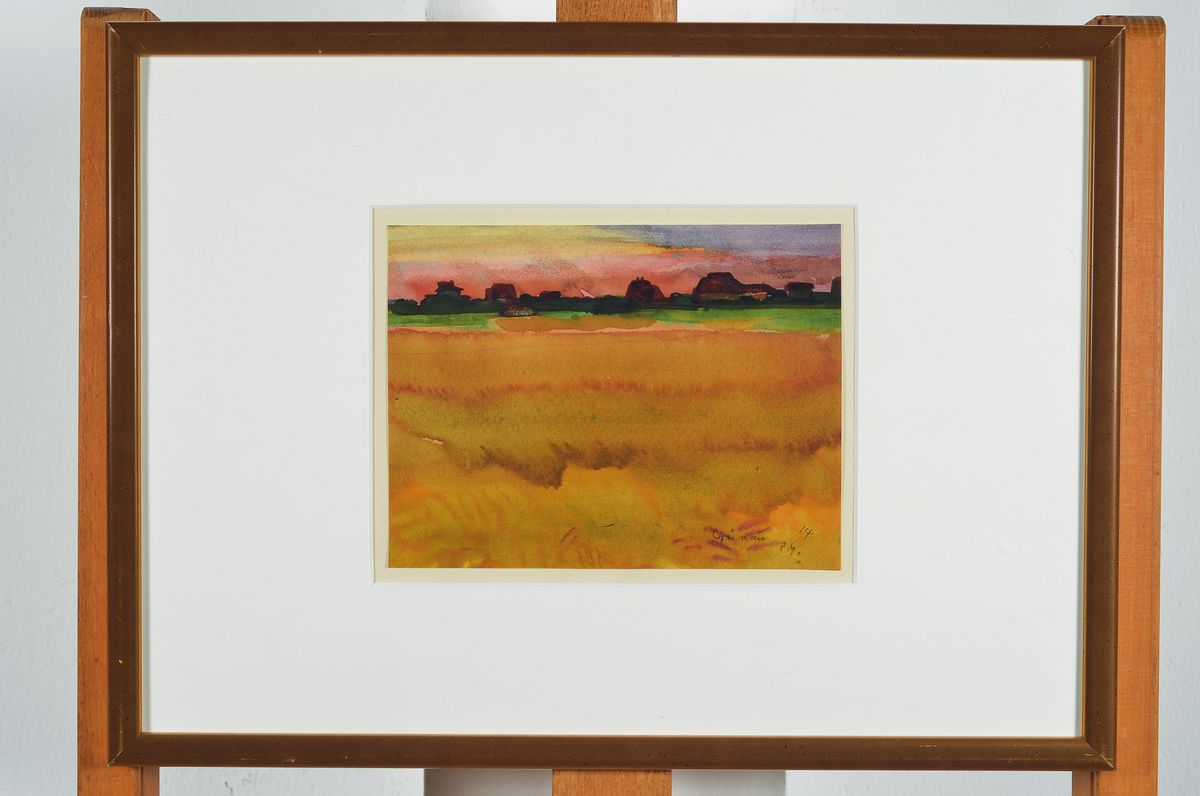 Detail k: Paul Grunwaldt, 1891 - 1962, Landschaft mit Abendrot, Aquarell, signiert und (19)14, ca. 14.3 x 19 cm/ 31.5 x 43 cm