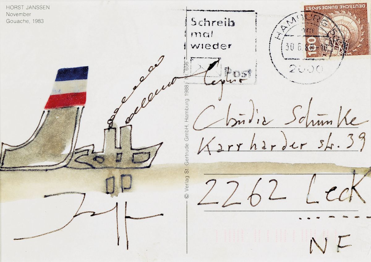 Horst Janssen, 1929-1995, Aquarell auf Postkarte, Dampfer, handsigniert,10 x 15.2 cm, Rahmen ca. 20.5 x 26.2 cm
