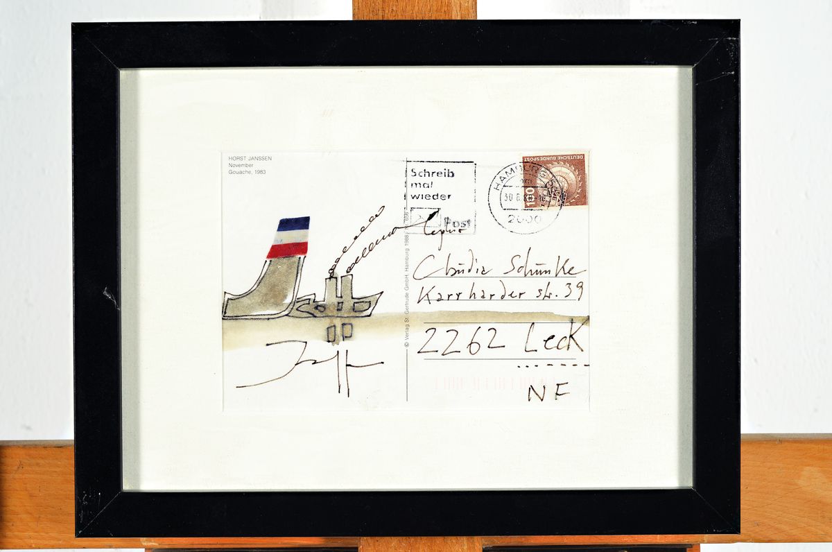 Detail k: Horst Janssen, 1929-1995, Aquarell auf Postkarte, Dampfer, handsigniert,10 x 15.2 cm, Rahmen ca. 20.5 x 26.2 cm