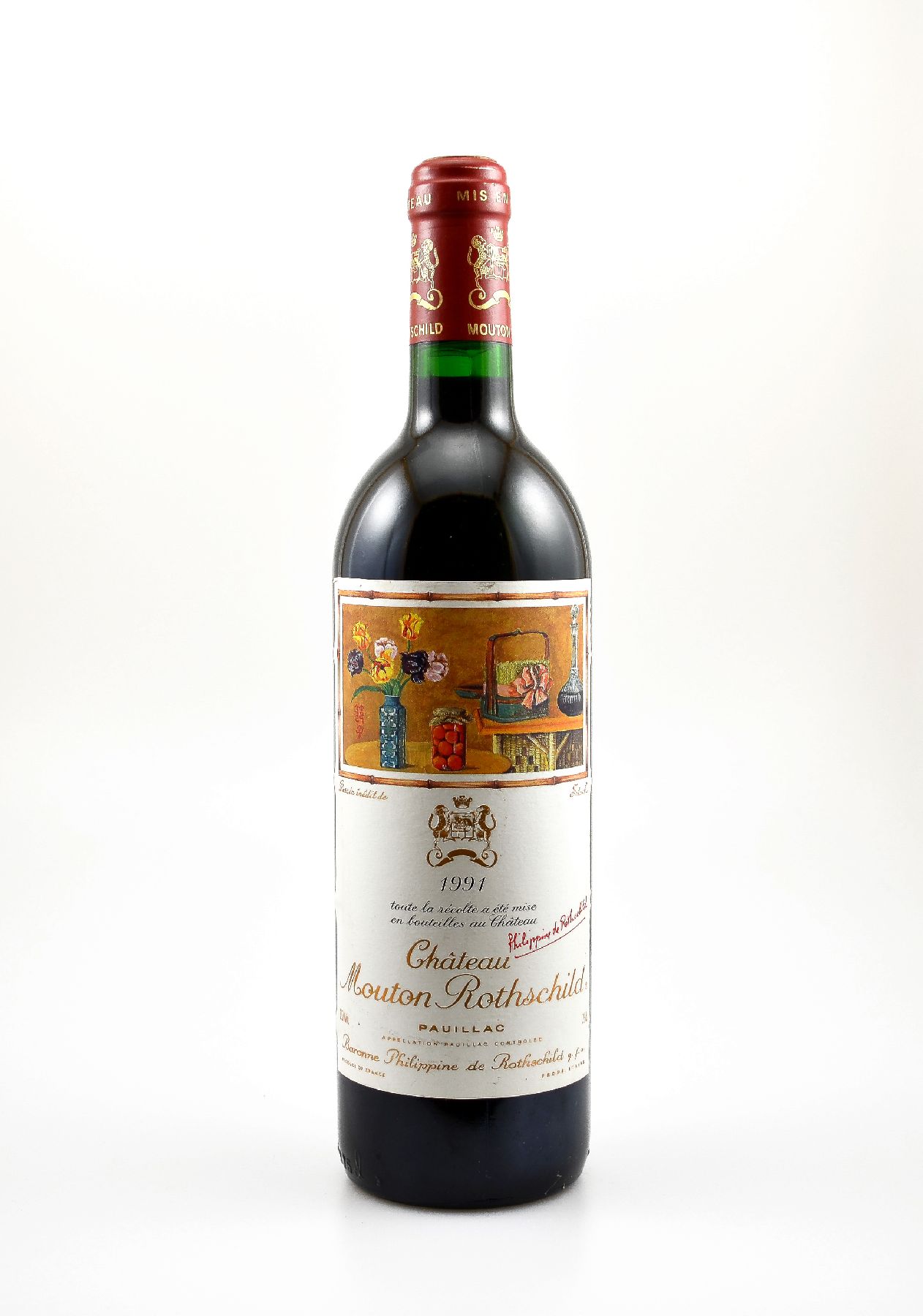 1 Flasche 1991 Chateau Mouton Rothschild, Pauillac, Premier Grand Cru Classe, ca. 75 cl,12,5 % Vol., Füllstand: into neck, sehr guter ...