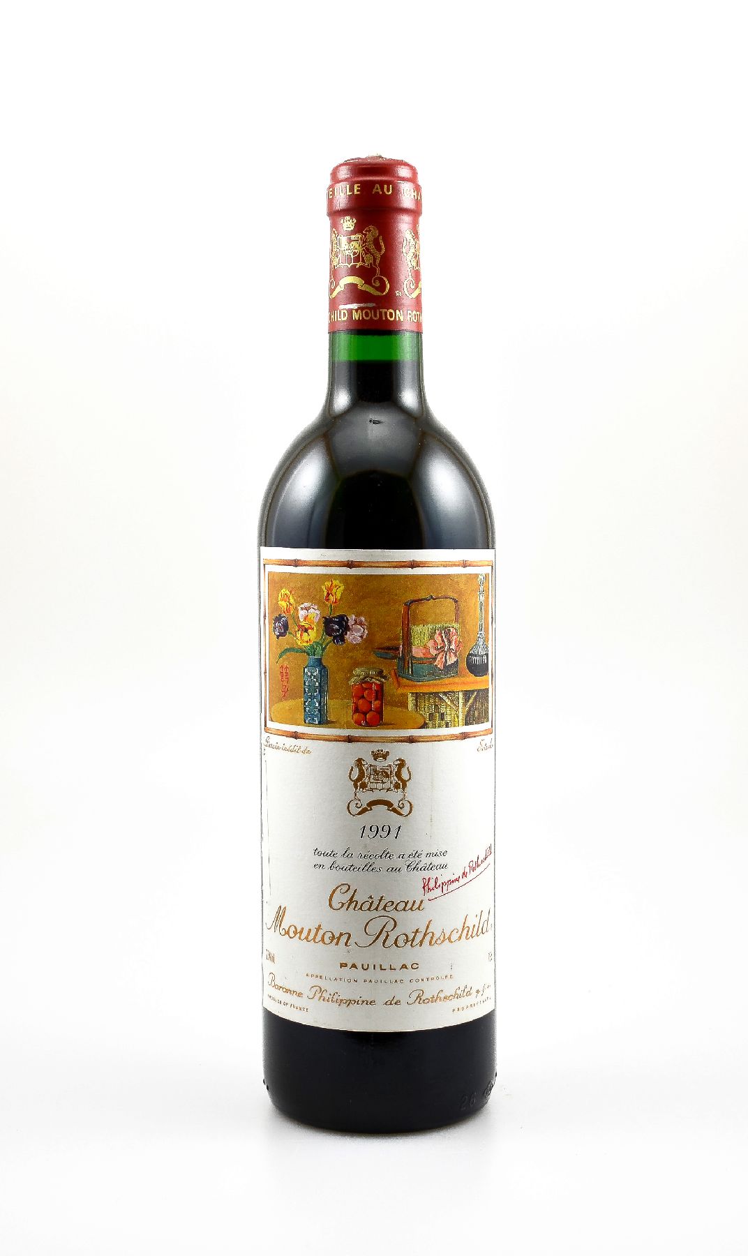 1 Flasche 1991 Chateau Mouton Rothschild, Pauillac, Premier Grand Cru Classe, ca. 75 cl,12,5 % Vol., Füllstand: into neck, Etikett l. besch., ...