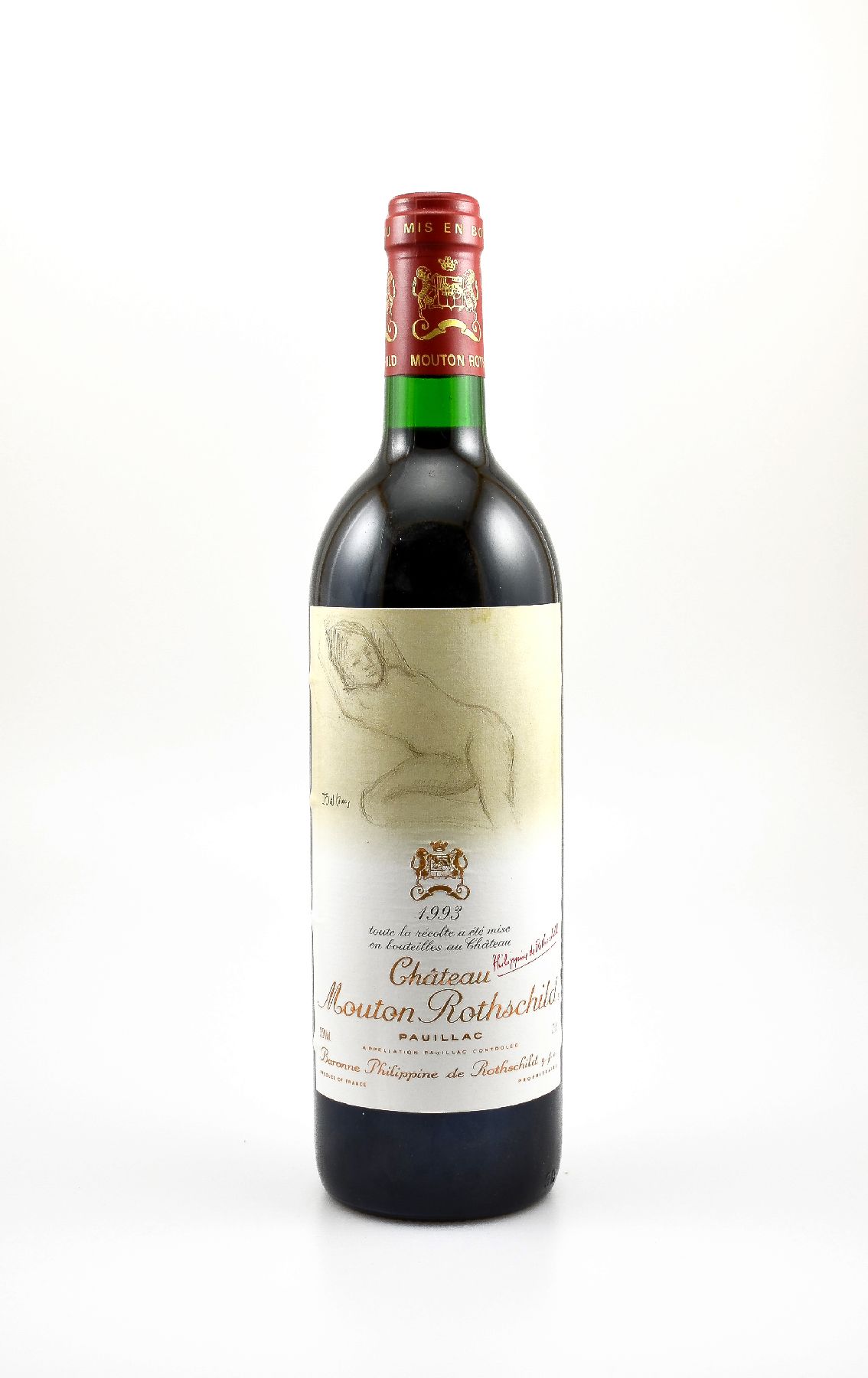 1 Flasche 1993 Chateau Mouton Rothschild, Pauillac, Premier Grand Cru Classe, ca. 75 cl,12,5 % Vol., Füllstand: into neck, sehr guter ...