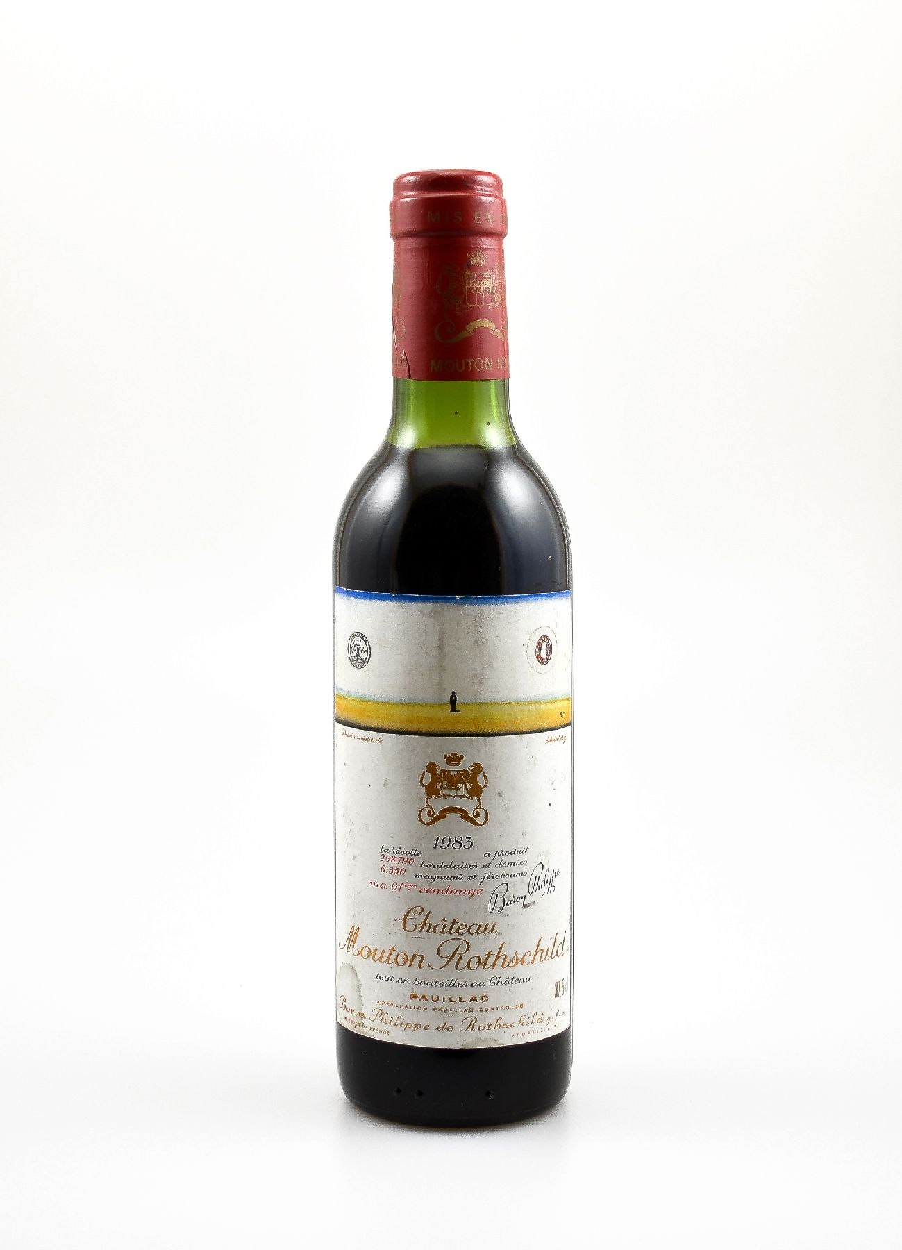 1 halbe Flasche 1983 Chateau Mouton Rothschild, Pauillac, Premier Grand Cru Classe, ca. 37,5 cl, Füllstand: ca. top shoulder, unverkostet, ...