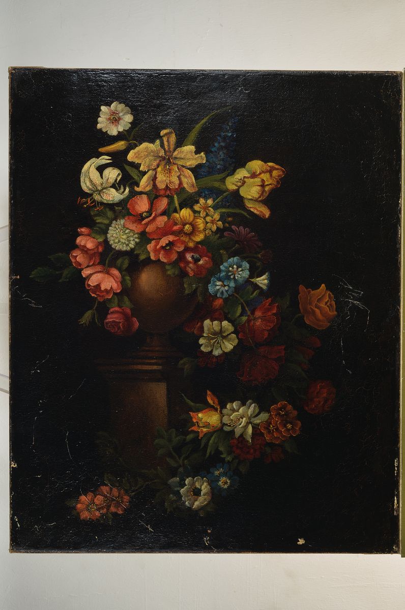 Detail k: Unbekannter holländischer Maler, 18. Jh. nach Vorbild des 17. Jh., Blumenstillleben, Öl/Leinwand, neu aufgezogen, doubliert, krakeliert u. rest., ...