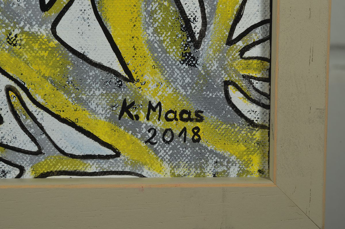 Detail a: Karin Maas, geb. 1952, Ausst. im In- und Ausland, Eintrag im Art 3 2000 europ. Künstlerkatalog, hier: Zitronenbaum, Acryl/ Lwd, rechts unten ...