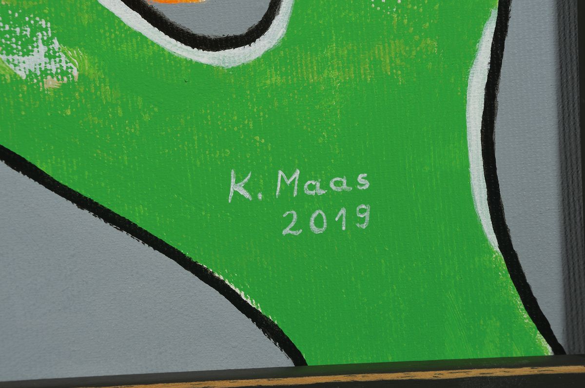 Detail a: Karin Maas, geb. 1952, Ausst. im In- und Ausland, Eintrag im Art 2000 europ. Künstlerkatalog, hier: Schauen und Schmunzeln, Acryl/Lwd, rechts unten ...