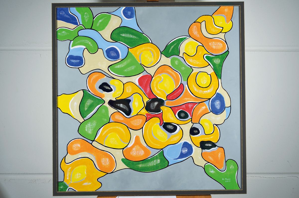 Detail k: Karin Maas, geb. 1952, Ausst. im In- und Ausland, Eintrag im Art 2000 europ. Künstlerkatalog, hier: Schauen und Schmunzeln, Acryl/Lwd, rechts unten ...