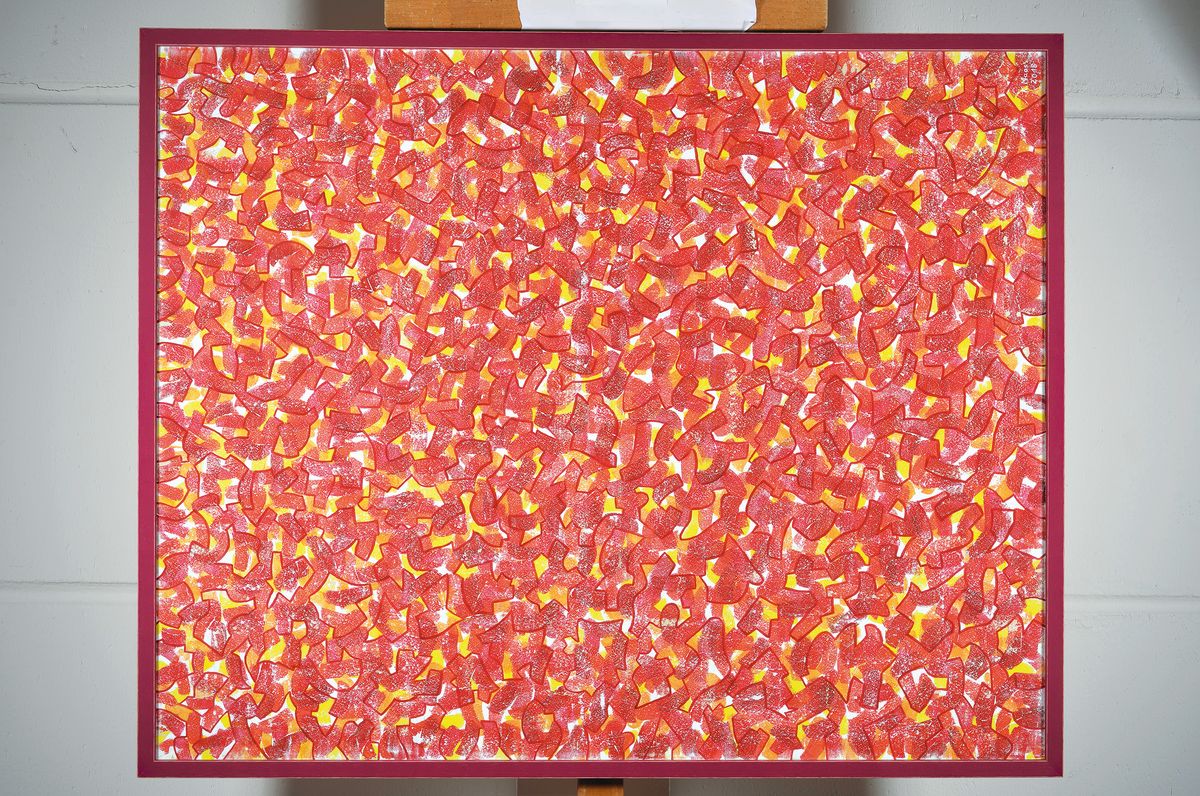 Detail k: Karin Maas, geb. 1952, Ausst. im In- und Ausland, Eintrag im Art 3 2000 europ. Künstlerkatalog, hier: Kaminfeuer, Acryl/Lwd, rechts unten signiert ...