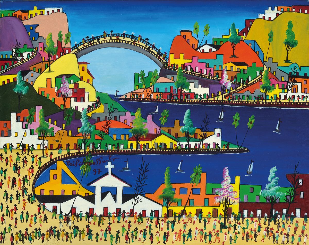 Prefete Duffaut, 1923-2012, einer der bekanntesten Künstler Haitis, hier die karibische Brücke, Acryl/Lwd, rückseitig signiert und dat. 97, ca. ...