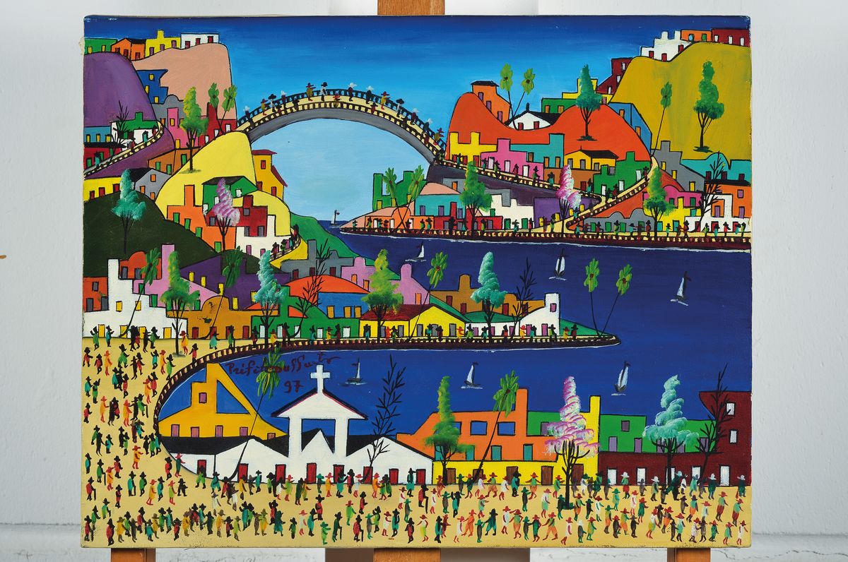 Detail k: Prefete Duffaut, 1923-2012, einer der bekanntesten Künstler Haitis, hier die karibische Brücke, Acryl/Lwd, rückseitig signiert und dat. 97, ca. ...