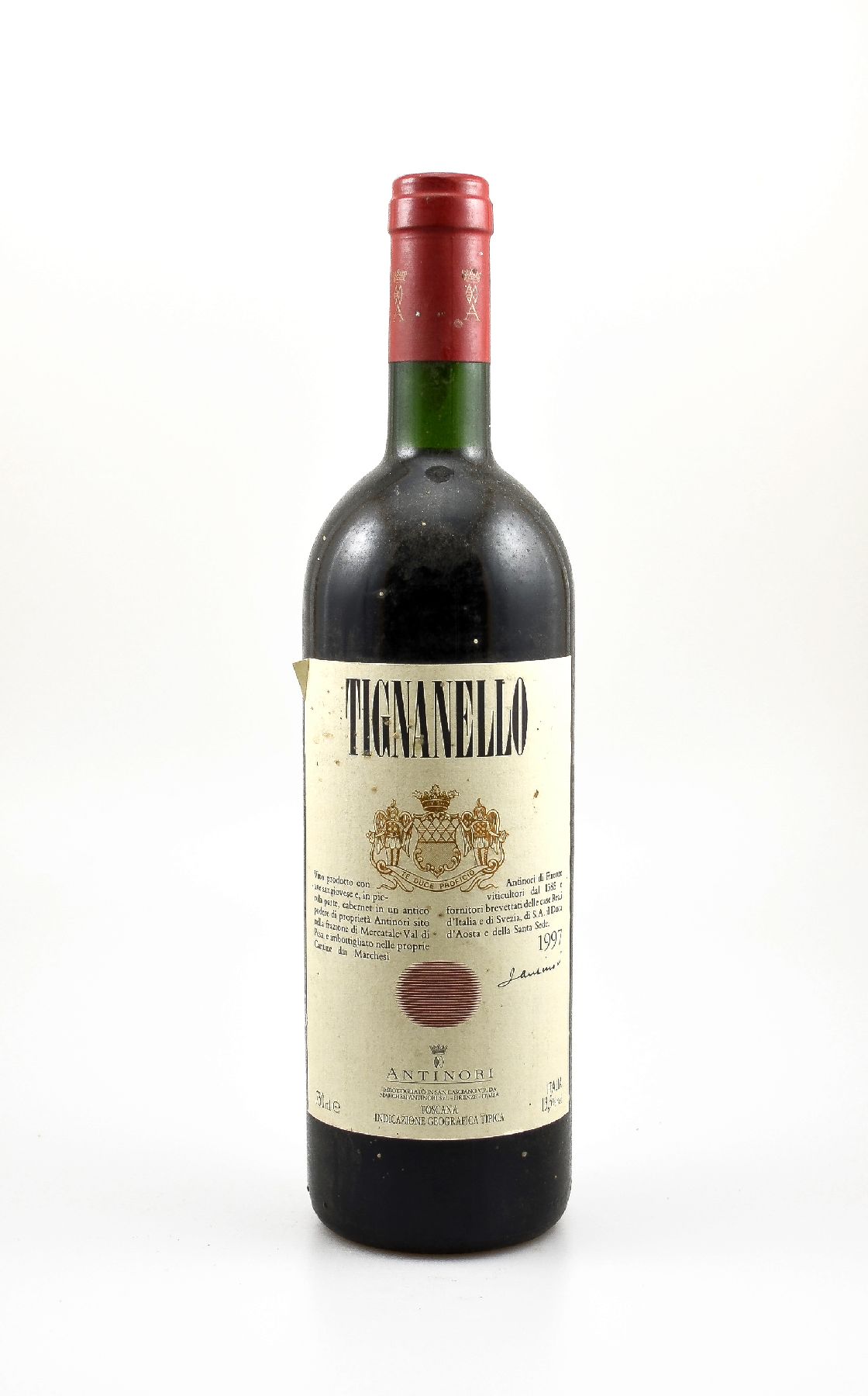 1 Flasche 1997 Marchesi Antinori Tignanello,Toscana, IGT, ca. 75 cl, 13,5 % Vol., Füllstand: ca. into neck, Etikett l. beschmutzt, unverkostet, ...
